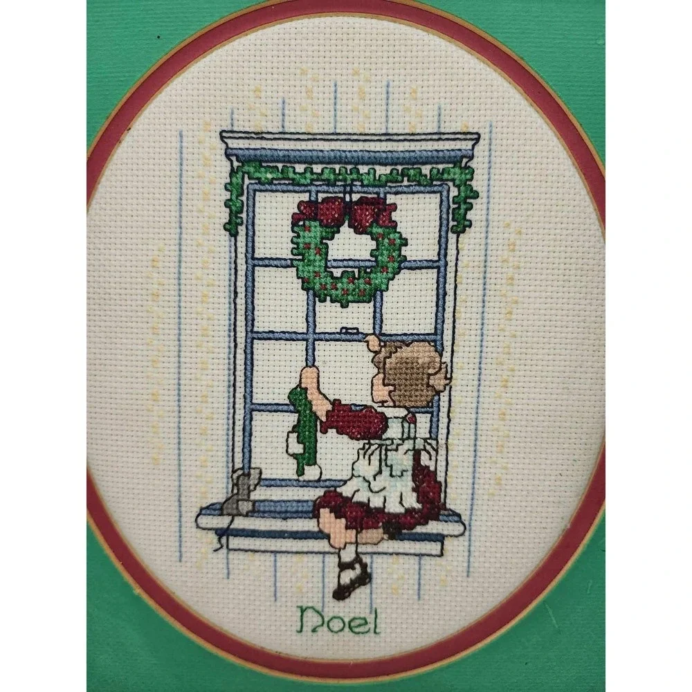 Vintage Christmas Cross Stitch Framed Wall Art Noel Girl in Window Wood Frame